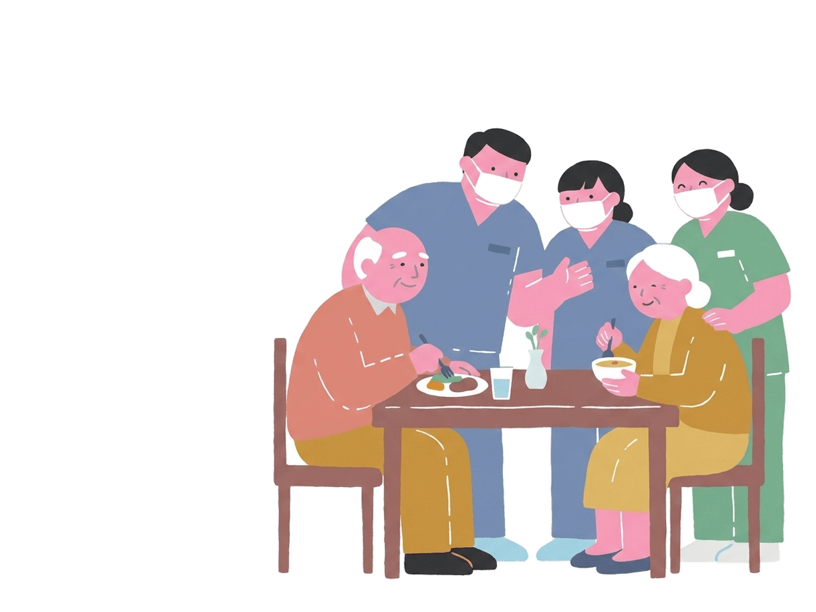 食卓を囲む高齢のご夫婦と、見守る歯科医師・歯科衛生士・看護師のイラスト